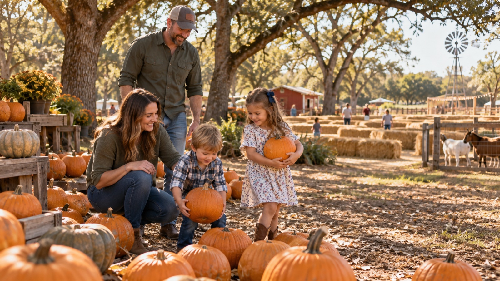 A family with young children choosing pumpkins at a shaded North Texas farm