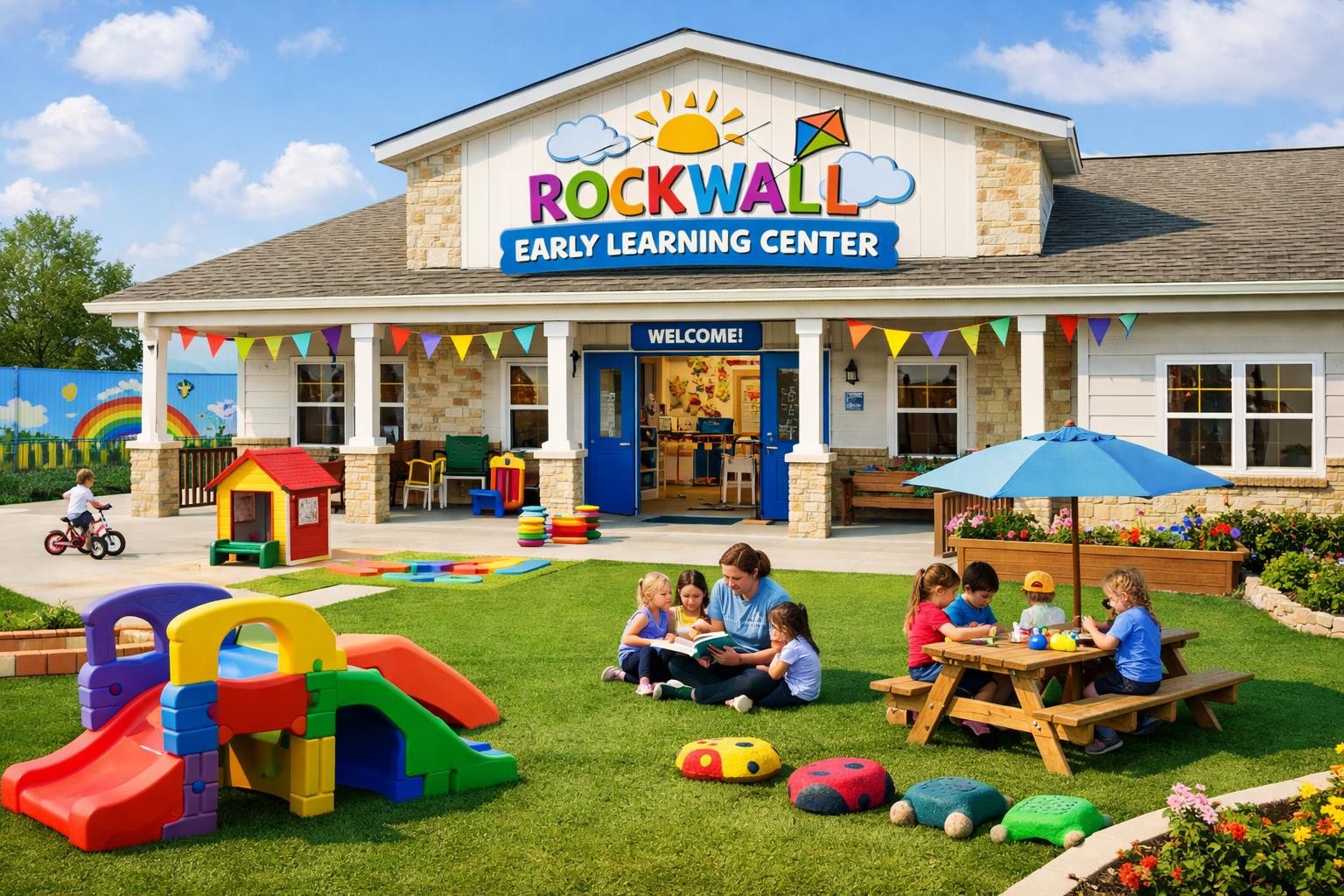 Children reading and doing crafts outdoors at a colorful early learning center playground