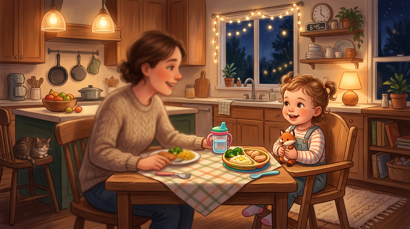 Mother and child sitting at kitchen table having dinner with cozy lighting