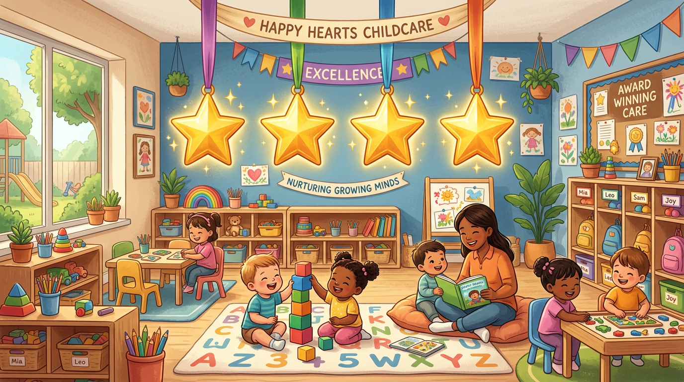 Children playing and reading with teacher in a colorful, award-winning childcare classroom