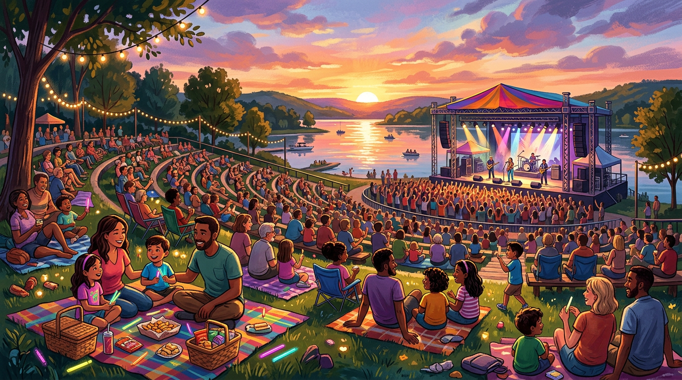 Crowd gathered on amphitheater-style grassy seating watching a live band perform near a lake at sunset