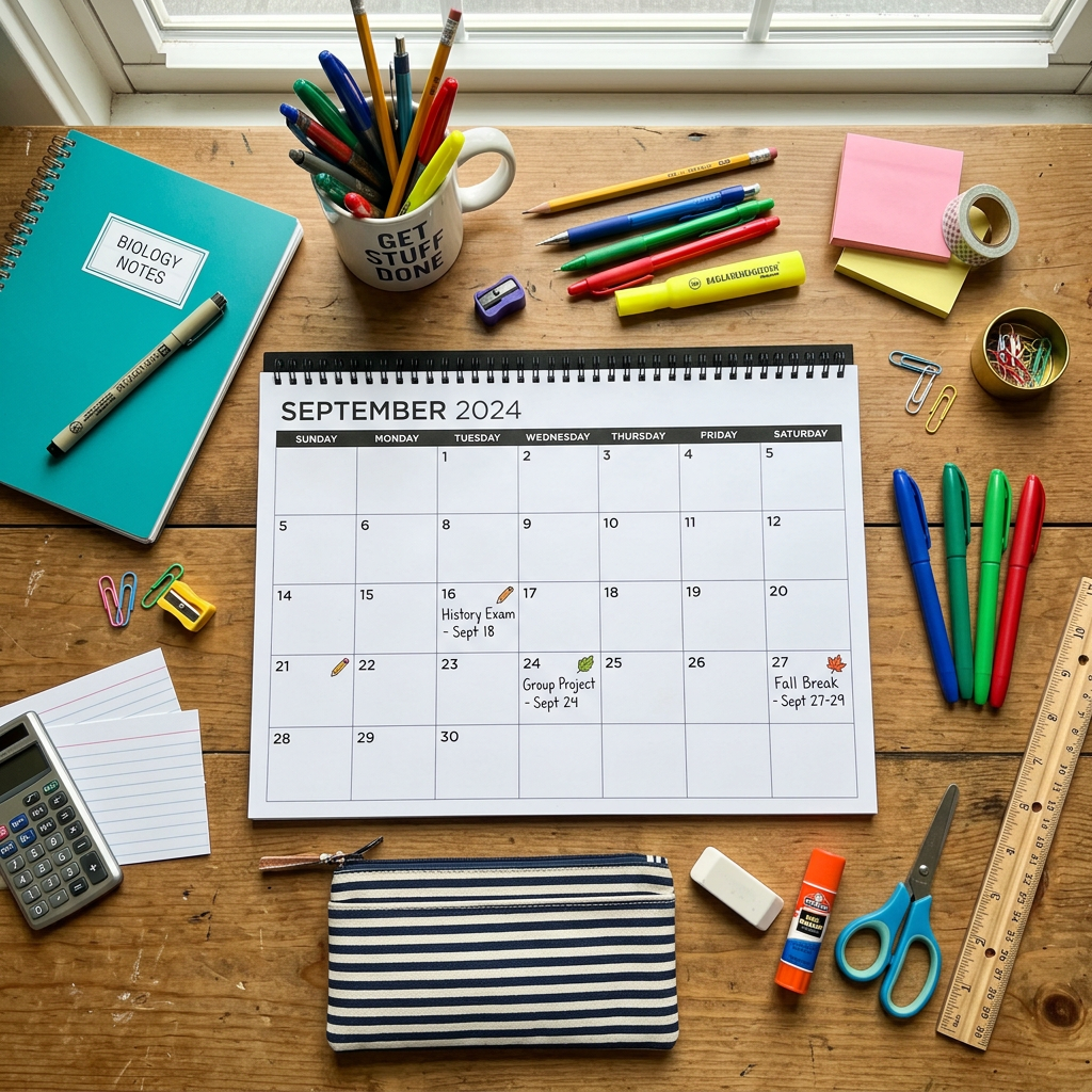 September 2024 calendar with school supplies including pens, markers, notebook labeled Biology Notes, calculator, scissors, and sticky notes arranged on a wooden desk.