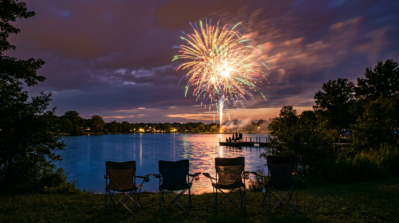 Four empty camping chairs facing a lake with fireworks exploding over the water at dusk