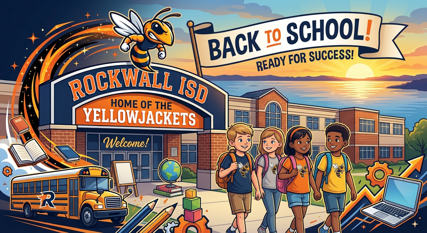 Four diverse students walking with backpacks in front of Rockwall ISD school building with Yellowjackets mascot and school bus