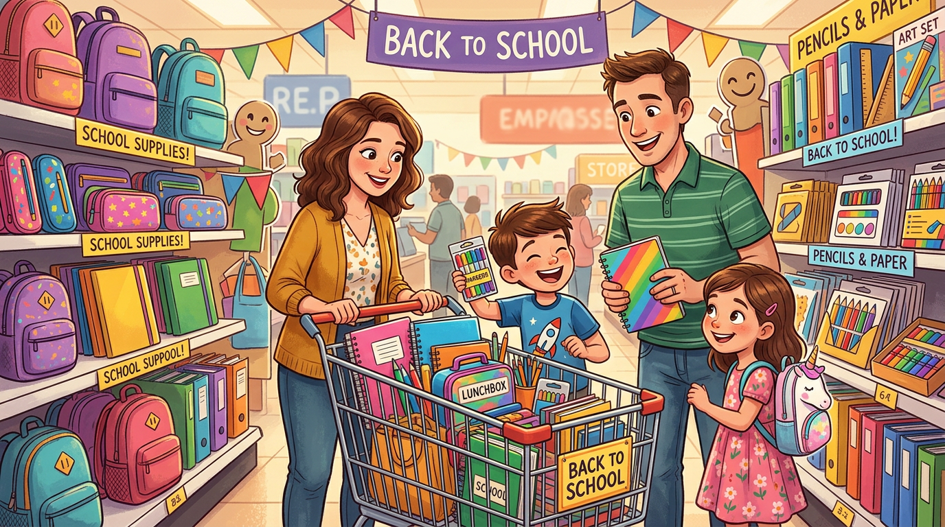 Family selecting school supplies including notebooks, pens, and backpacks in a store