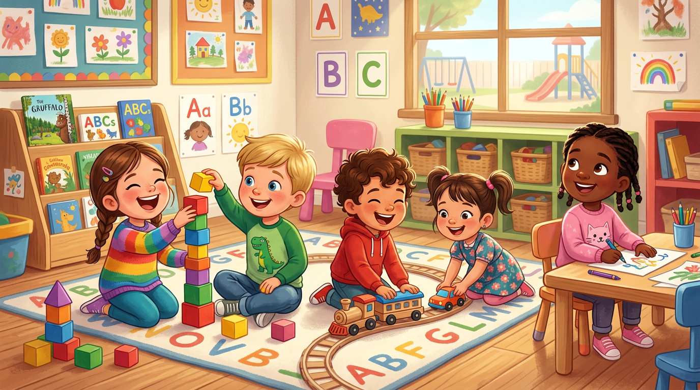 Preschool children playing with blocks, toy train, and drawing in a colorful classroom